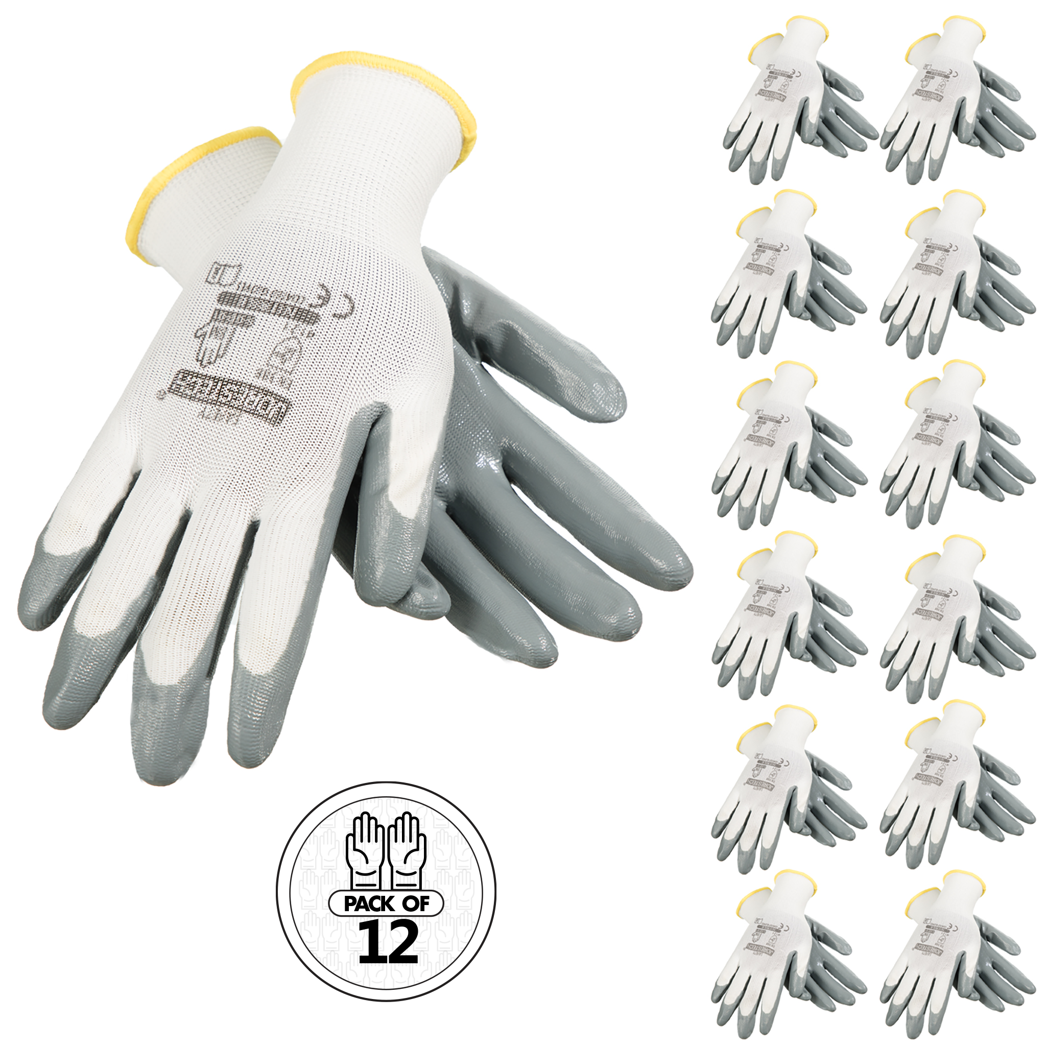 Safety Work Gloves with Nitrile Dipped Palms – Pack of 12